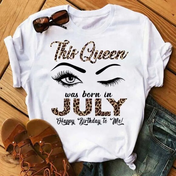 JULY Birthday Queen Leopard Letter Print Short Sleeve Women T-Shirt  Size Large - Picture 2 of 2